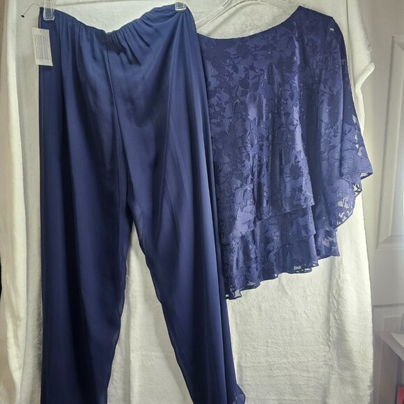 Alex Evenings Blouse Pants Set Women Dark Navy Tiered Hem Round Neck Floral - Picture 2 of 16